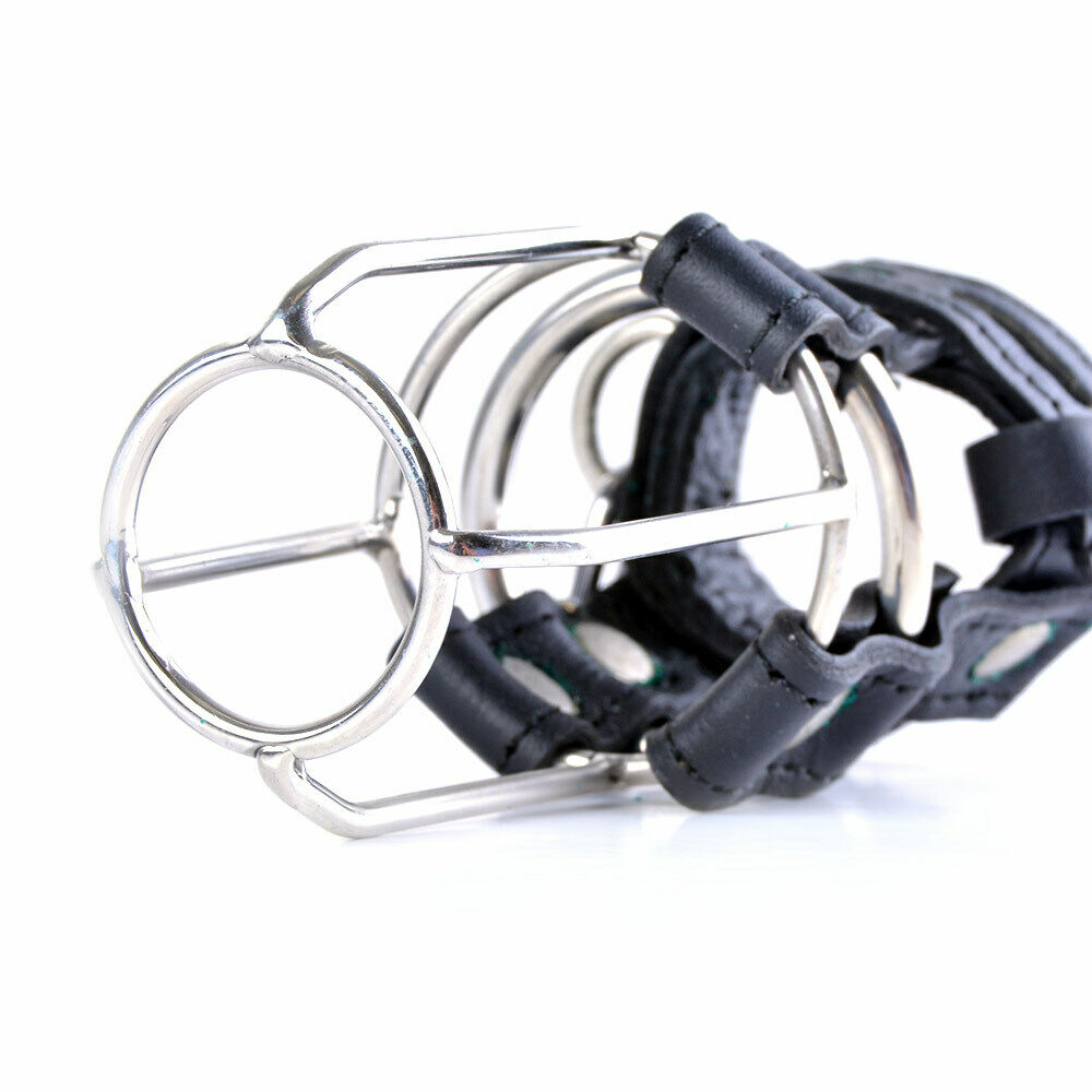 Black Leather Stallion Guard Cage 1 RING - Stainless Steel - Black Leather Stallion Guard Cage 1 RING