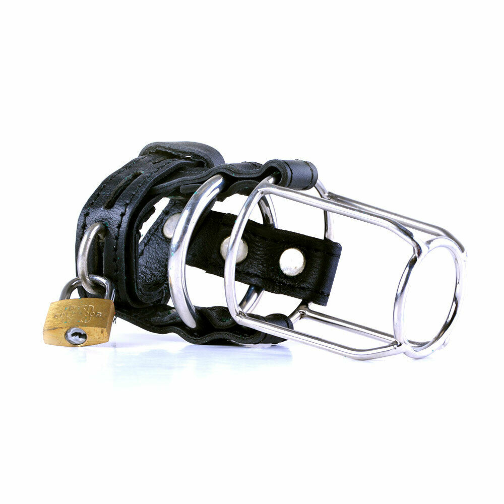 Black Leather Stallion Guard Cage 1 RING - Stainless Steel